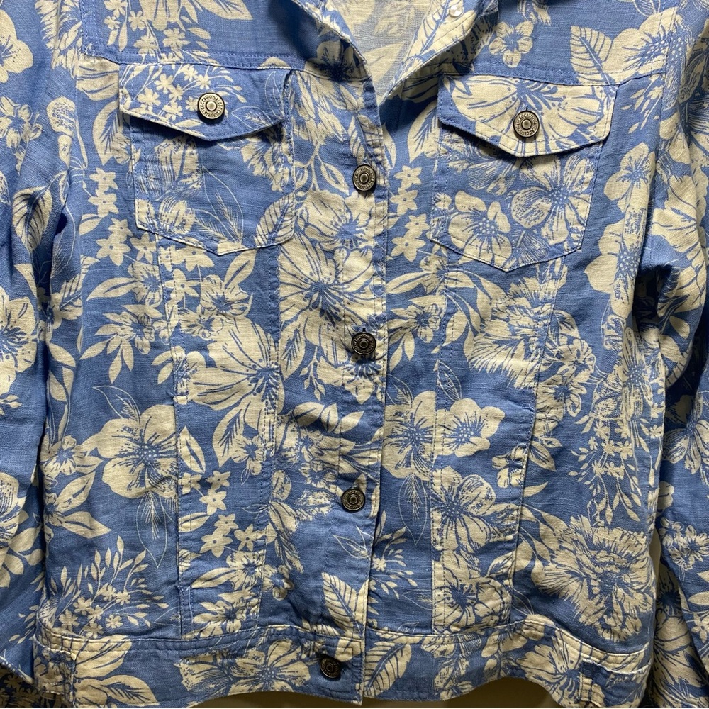 100% Linen Floral Long Sleeve Utility Jacket Womens Romantic Light M Blue Pocket - Picture 5 of 7